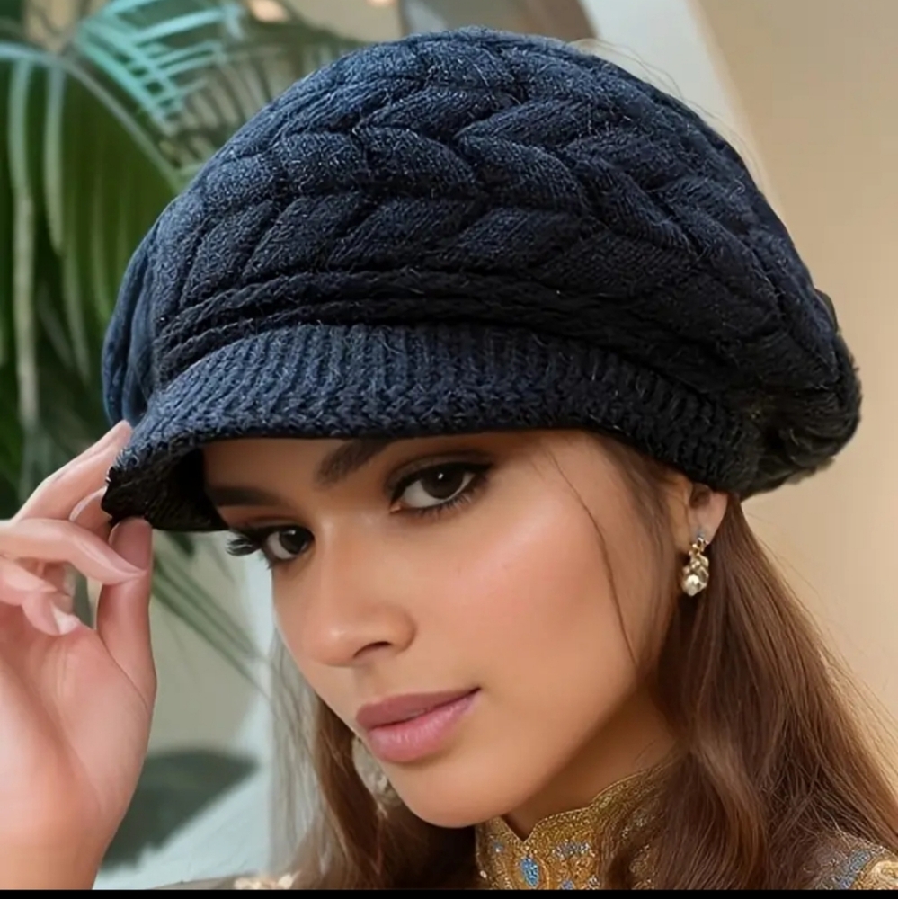 Winter Beanie With Brim, Solid Color Ribbed Knit Hat, Faux Fur Lining - Picture 6 of 9